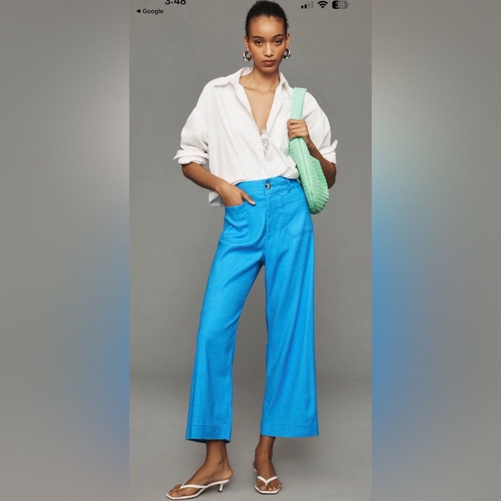 Anthropologie Cropped Wide-Leg Pants in Bright Turquoise